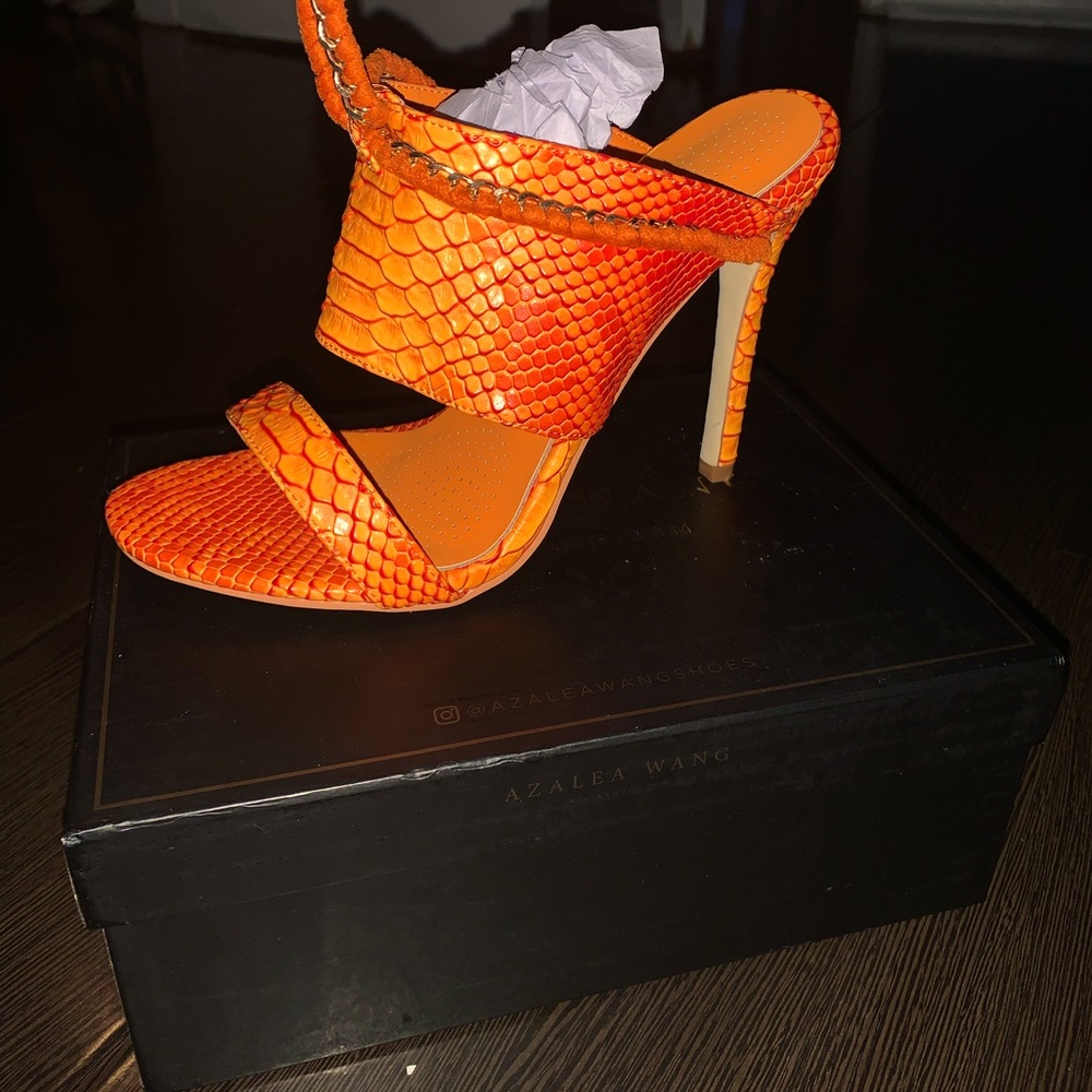 Orange snakeskin strappy heels
